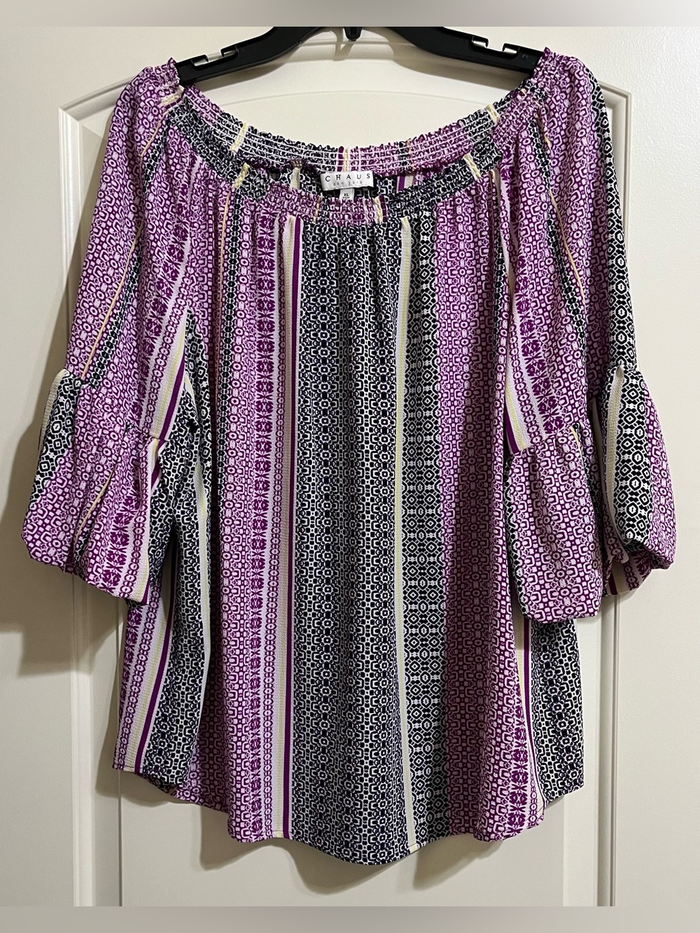 NWT Chaus Purple Black White Mosaic Tile Off-Shoulder Blouse XL Bell Sleeves